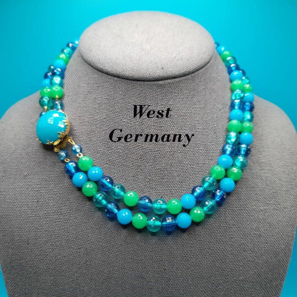 Vintage West Germany Blue Green Necklace, Mid-Century, Acrylic Beads, 16 In